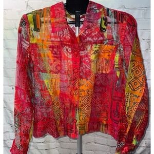 Vintage Erin London Sheer Artsy Art Boho Multicolor Tribal Aztec Jacket Shirt